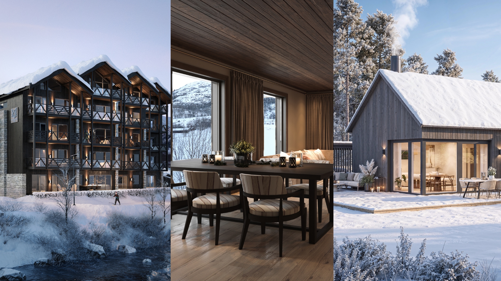 En kollage av tre vinterbilder av fastighet